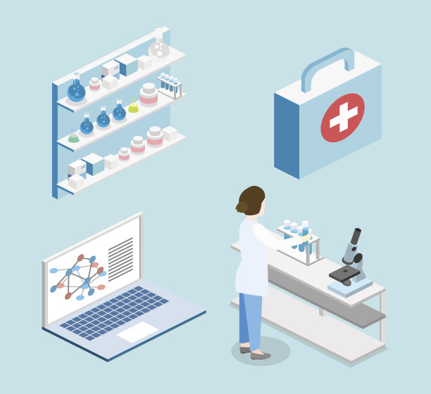 科学实验室内部的等距平面三维概念向量。图片下载