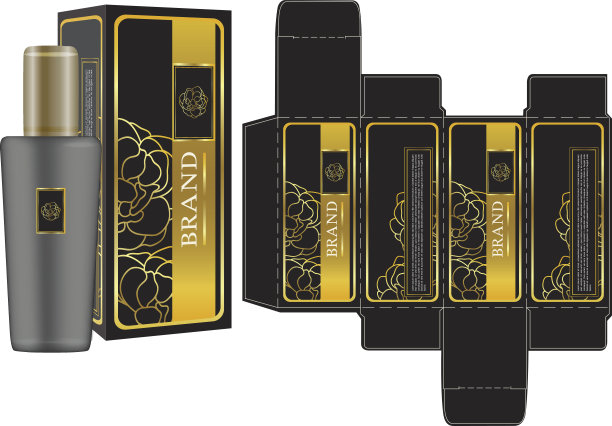 包装容器标签与玫瑰轮廓黑色背景盒设计模板和模型盒。图片下载