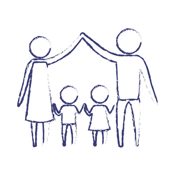 模糊的蓝色剪影的象形文字的父母手和在他们中间的一对孩子图片下载