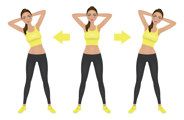 年轻漂亮的女子做侧弯运动，双手放在脑后。穿着紧身裤和露脐上衣的健康女孩。热身指令矢量图。图片下载
