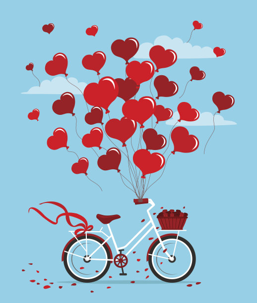 气球心形的浪漫自行车，蓝色的背景和云彩图片下载