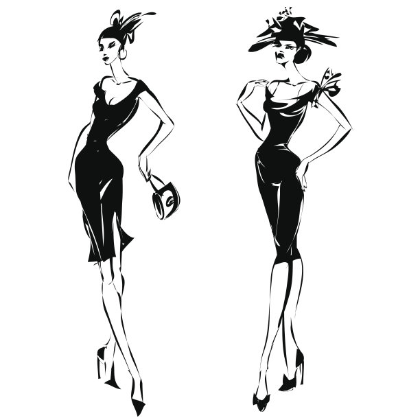 黑白复古时装模特剪影素描风格。手绘矢量图图片下载