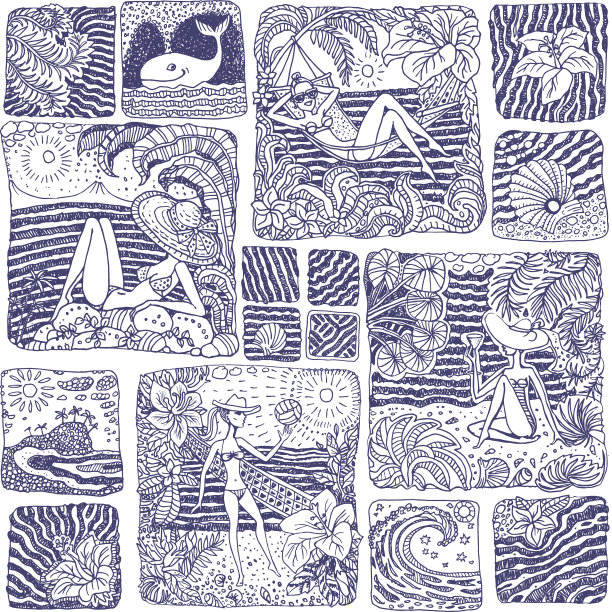 向量抽象蓝白拼接无缝模式。手绘的幻想夏威夷风景涂鸦素描，年轻女子，排球，手掌，海浪，仙女的叶子，木槿花。波普风格复古印花织物，墙纸，包装纸。C图片下载