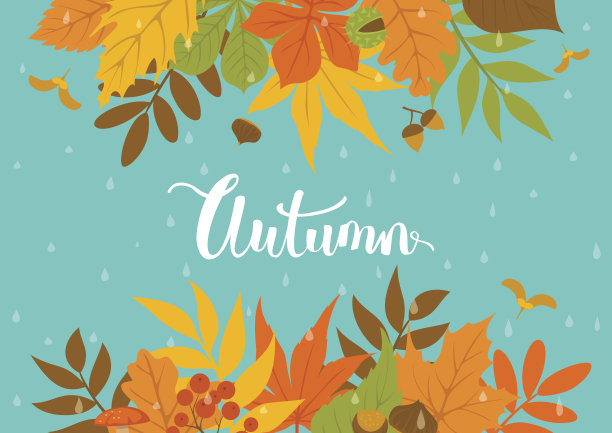 秋天的秋天公园的叶子头部边界背景上的蓝色纹理与雨滴素材图片