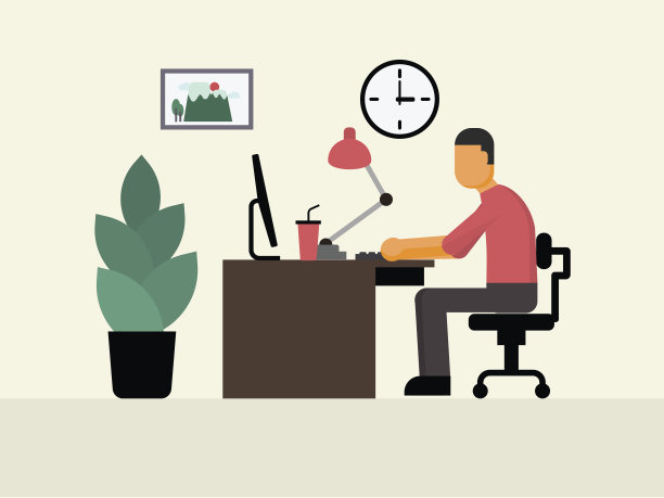 在办公桌前工作的自由职业者。回家工作。平面风格矢量插图。图片下载