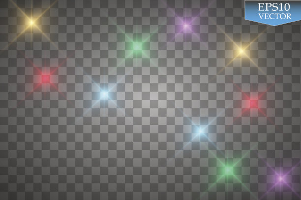 一组彩色灯光，耀斑孤立在透明的背景图片下载