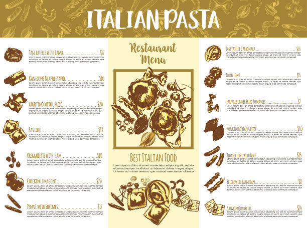 用于餐厅设计的意大利面食菜单模板图片下载