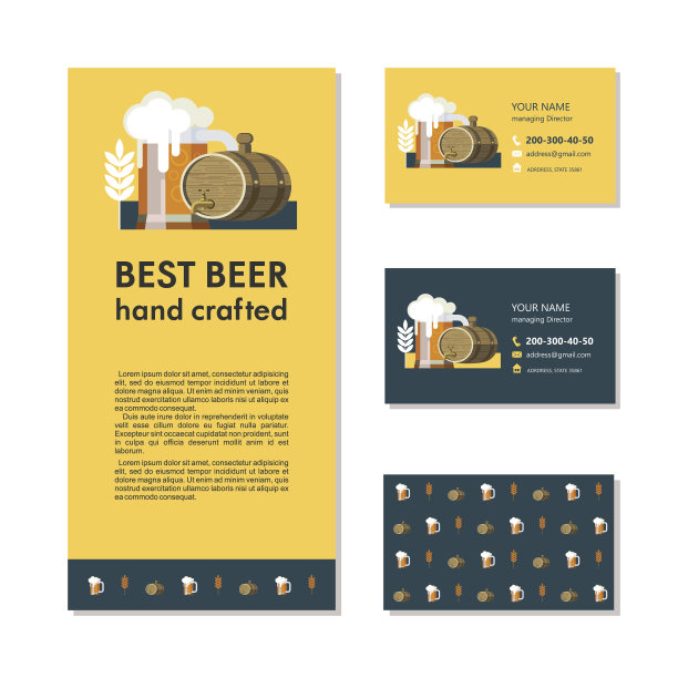 品牌、名片和宣传单。最好的啤酒手工制作。啤酒杯和啤酒桶。图片下载