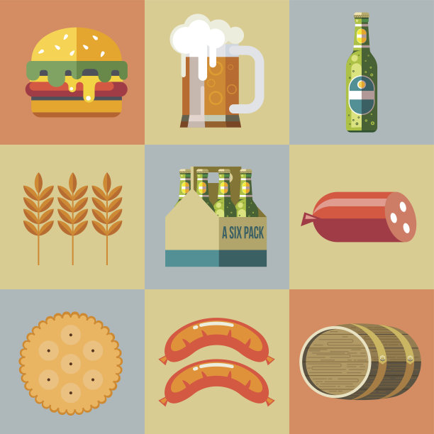 一组矢量图标。啤酒杯，啤酒瓶包装瓶，汉堡包，香肠，饼干，大麦穗。图片下载