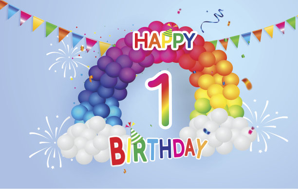 生日快乐日期，有趣的庆祝贺卡与数字，文字标签和彩色纸屑设计。EPS10向量。图片下载