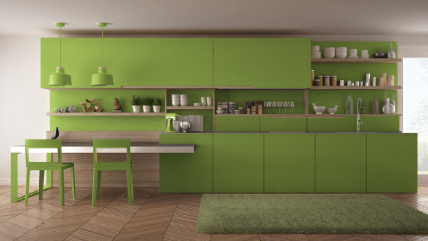 简约的现代厨房，木制的细节，桌子和椅子，绿色的室内设计图片下载