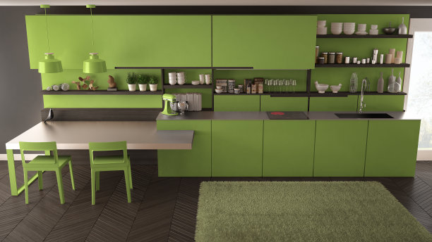 简约的现代厨房，木制的细节，桌子和椅子，绿色的室内设计图片下载