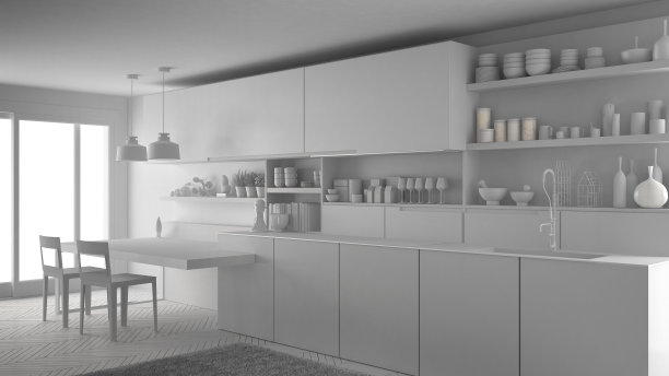 简约现代厨房的未完成项目，全白色室内设计图片下载