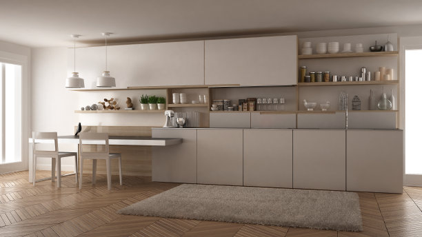 简约的现代厨房与木制的细节，桌子和椅子，白色的室内设计图片下载