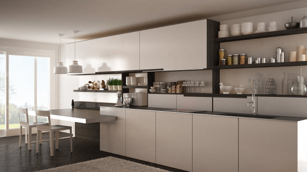 简约的现代厨房与木制的细节，桌子和椅子，白色的室内设计图片下载