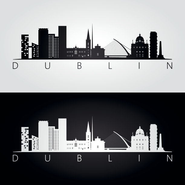 都柏林天际线和地标剪影，黑白设计，矢量插图。图片下载