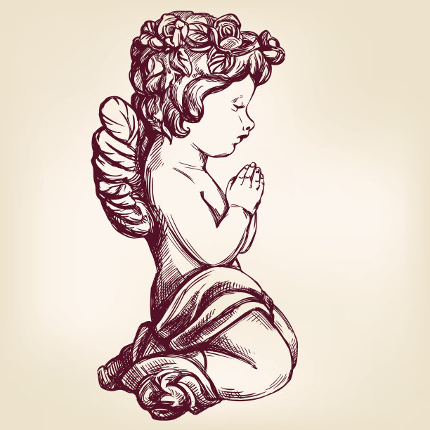 在他的膝盖上祈祷的天使基督教的宗教象征手绘矢量插图图片下载