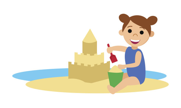 一个小女孩在海滩上堆了一座沙城堡。在白色背景上孤立的物体。图片下载