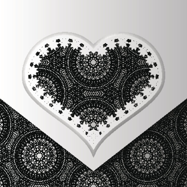 纸花边贺卡，黑白图案，为情侣，模板祝贺心，3D，矢量eps10图片下载