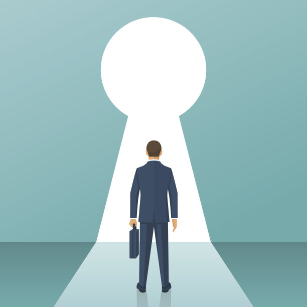 西装革履的商人站在锁眼前图片下载