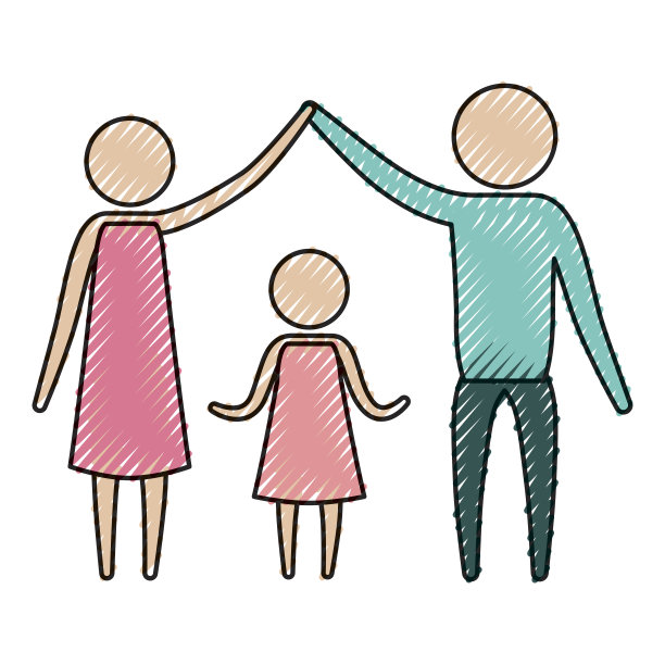 彩色蜡笔剪影象形父母手中举着一个女孩在他们中间图片下载