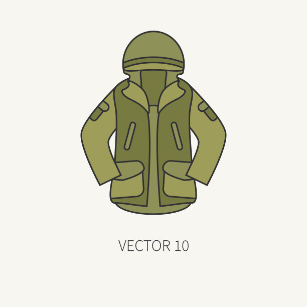 线平坦的颜色矢量狩猎和露营图标卡其夹克。猎人装备,武器。复古的卡通风格。野生动物旅游。伪装。森林。插图和元素为您的设计，墙纸。图片下载