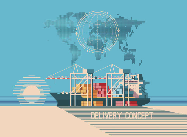 送货服务的概念。集装箱货船装载机、汽车装载机、仓库。平面插画风格。图片下载
