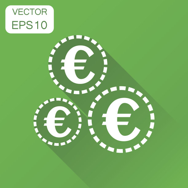 货币铸造欧元图标。经营理念铸就象形文字。矢量插图上的绿色背景和长阴影。图片下载