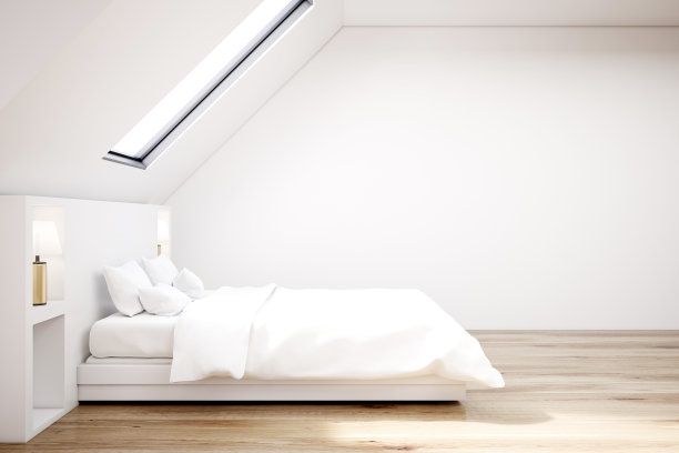 白色阁楼卧室，木地板，侧图片下载