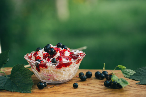 白软干酪，浆果果酱，新鲜黑加仑，一杯牛奶和一片新鲜烤面包在一个轻木制的背景。食物照片的概念。散景背景上的静物。美术风格图片下载