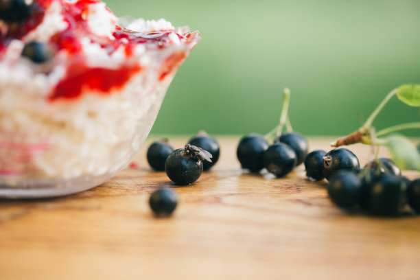 白软干酪，浆果果酱，新鲜黑加仑，一杯牛奶和一片新鲜烤面包在一个轻木制的背景。食物照片的概念。散景背景上的静物。美术风格图片下载