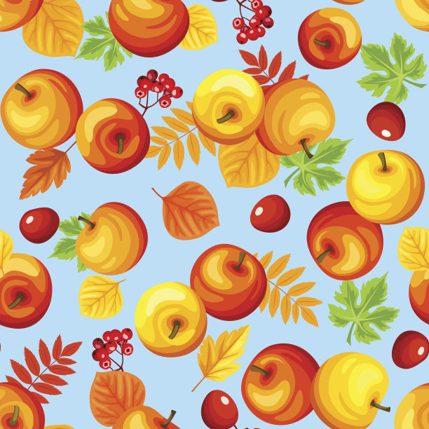 无缝背景与五颜六色的秋天苹果和树叶。矢量插图。图片下载