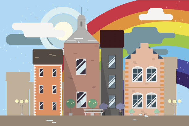 欧洲夏季街道城市景观与老房子和彩虹的天空图片下载