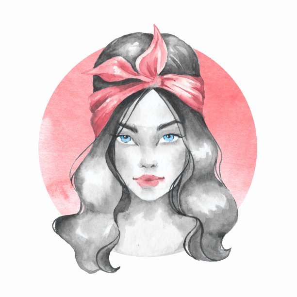 戴着头巾的年轻女孩，水彩插画素材图片
