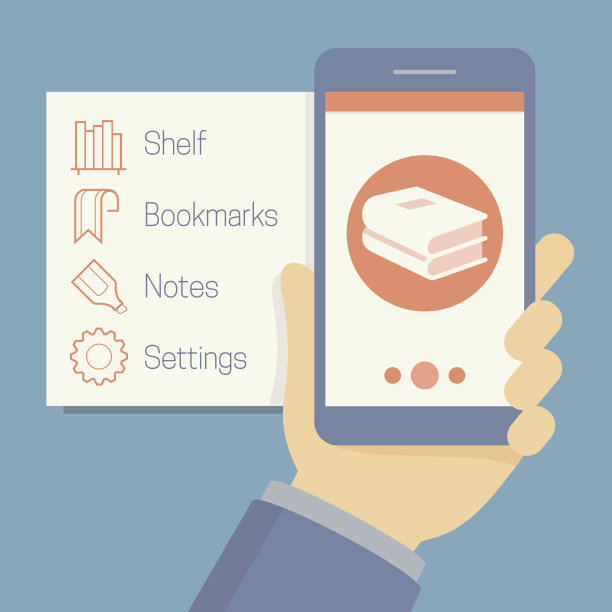 矢量在线移动图书馆概念在平面风格，手持手机与阅读应用程序在屏幕上和选项图标在一边图片下载