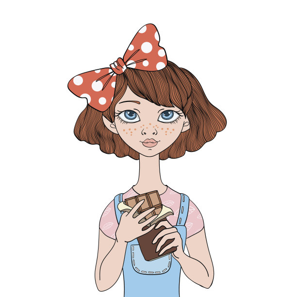 一个小女孩拿着巧克力棒。喜欢吃甜食。矢量肖像插图，孤立在白色背景。图片下载