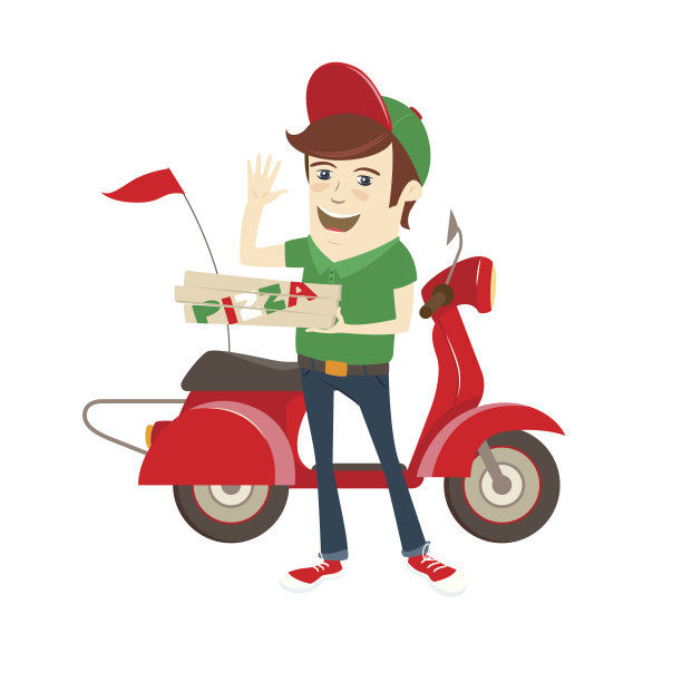 有趣的披萨男孩送披萨盒滑板车。平面向量插图。图片下载