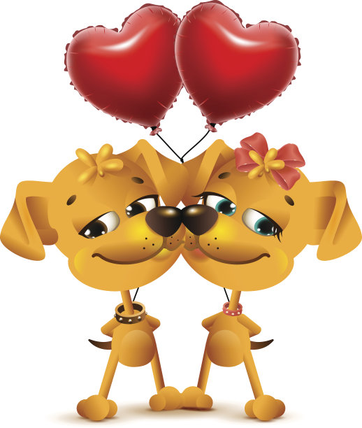 狗狗情侣的爱情和心形的红色气球图片下载