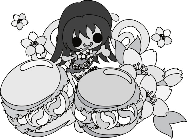 可爱的女孩和樱花物体的插图图片下载