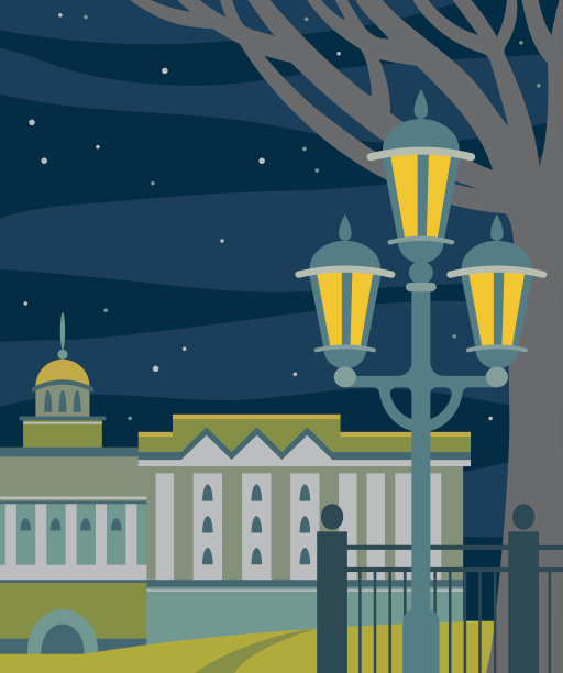 城市夜景建筑、路灯、大树、星空。图片下载