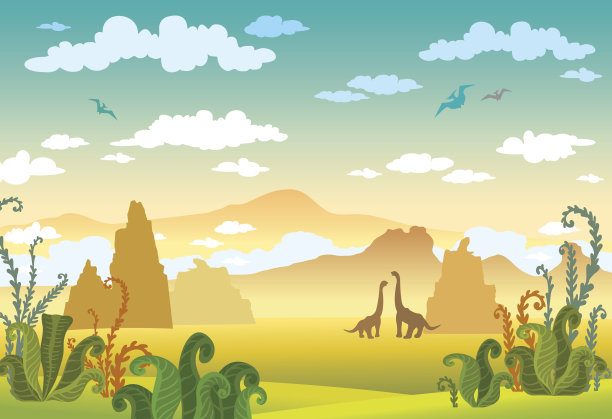 史前景观-恐龙，山脉，植物。图片下载