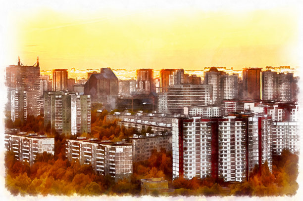 夜晚公寓楼的彩色绘画图片下载