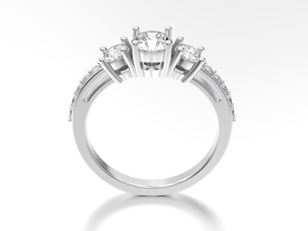 3D插图白色黄金或白银装饰订婚三石钻石戒指与反射图片下载