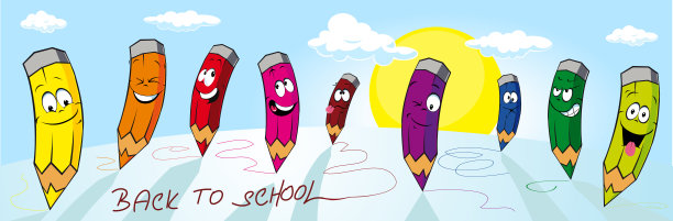 旗帜景观与蜡笔-回到学校-矢量插图图片下载