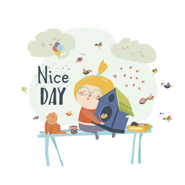 可爱的女孩拥抱鸟窝图片下载