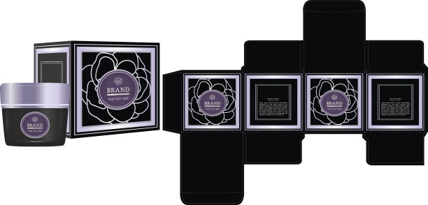 包装容器标签与玫瑰轮廓黑色背景盒设计模板和模型盒。图片下载