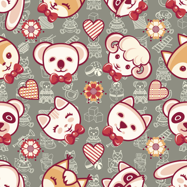 可爱的宠物。无缝模式。色彩丰富的背景与人物。图片下载