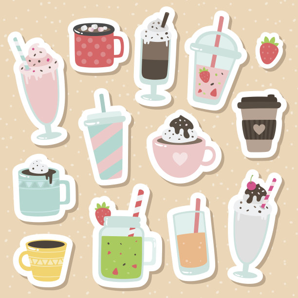 一套可爱的卡通矢量饮料图标。图片下载