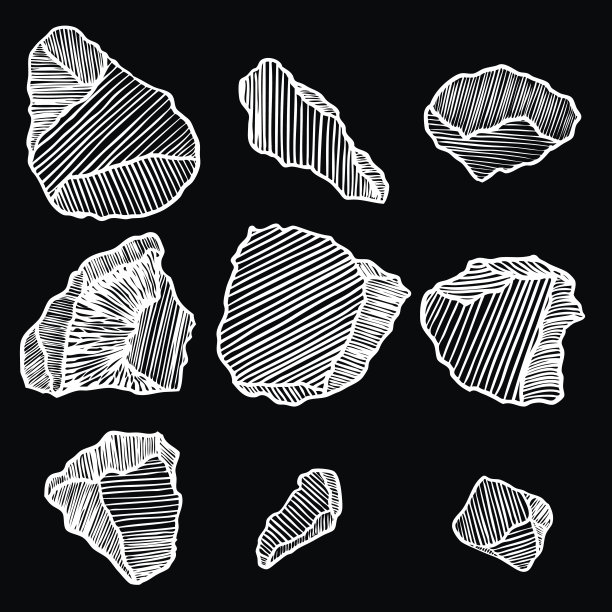 岩石集。黑白石雕和岩雕以手绘孵化，木雕风格。一组不同的巨石。向量。图片下载