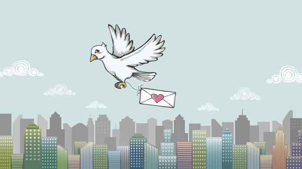 鸽子信和城市轮廓的情书。图片下载